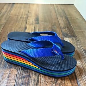Rainbow Brand Women's Blue Strap Thong‎ Flip Flop Wedge Heel Sandals. Size Large